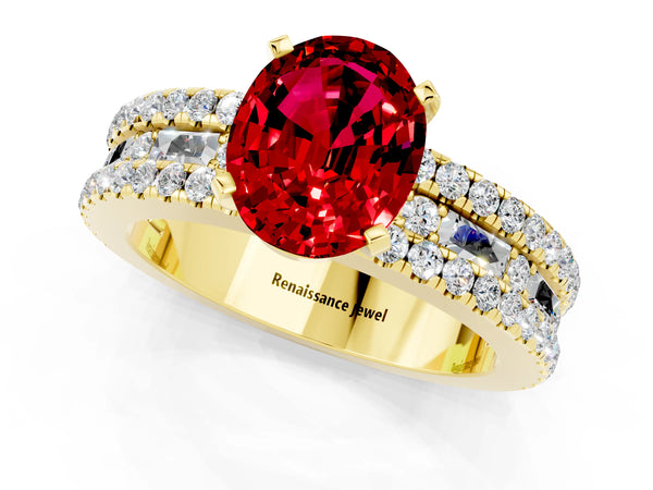 Yellow gold Oval Cut Ruby Solitaire Ring with Pavé and Channel Set Band