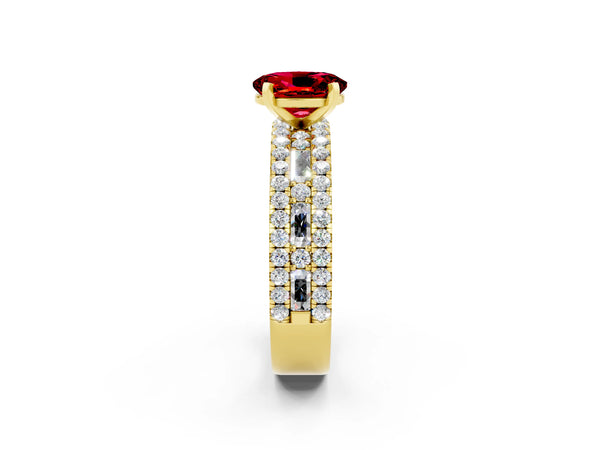 Yellow gold Oval Cut Ruby Solitaire Ring with Pavé and Channel Set Band
