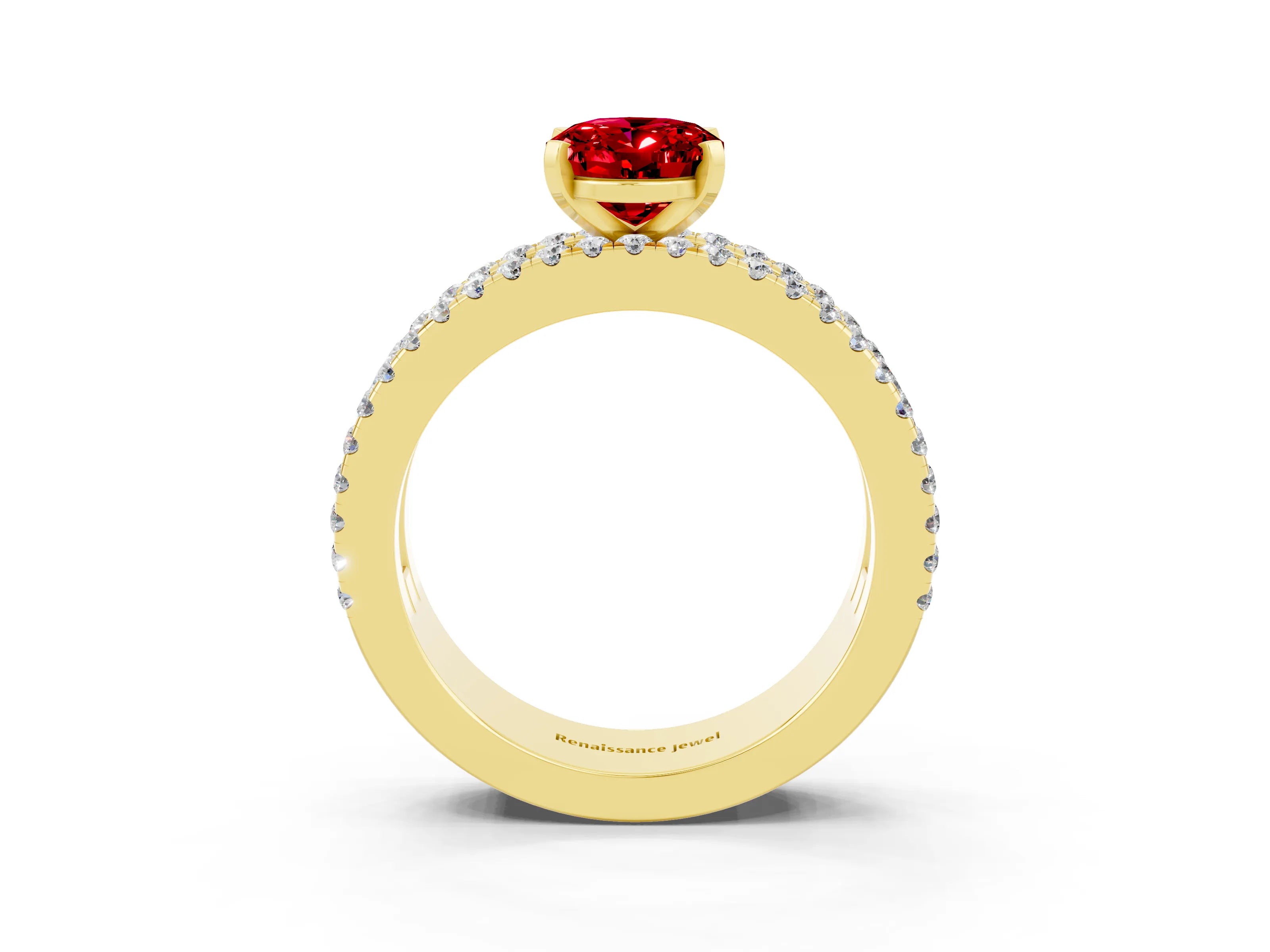 Yellow gold Oval Cut Ruby Solitaire Ring with Pavé and Channel Set Band_3