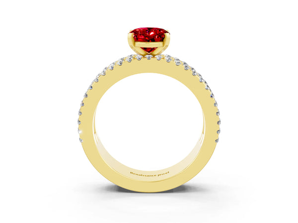 Yellow gold Oval Cut Ruby Solitaire Ring with Pavé and Channel Set Band