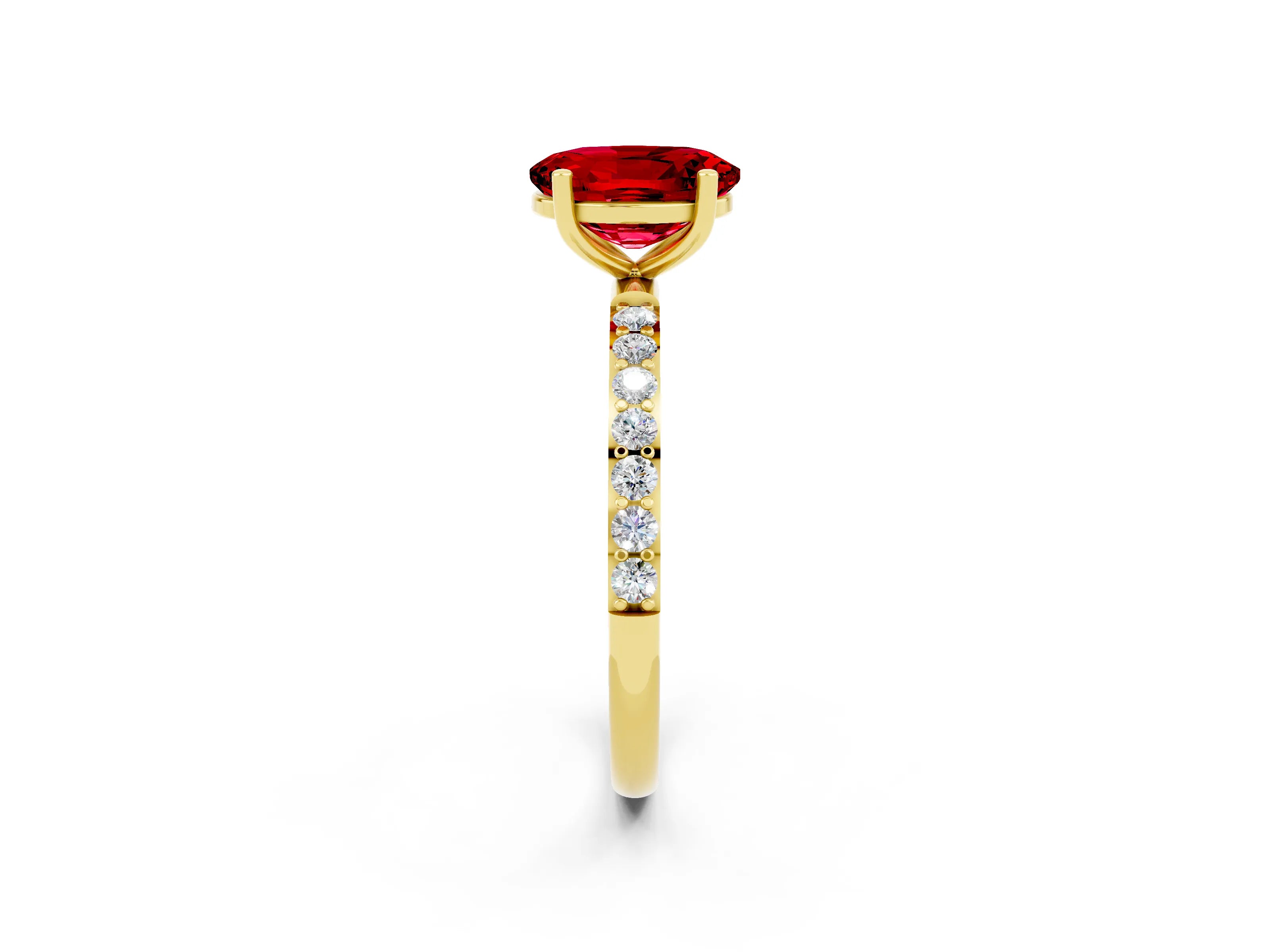 Yellow gold Oval Cut Ruby Solitaire Ring with Pave Band and Four Prong Setting_14