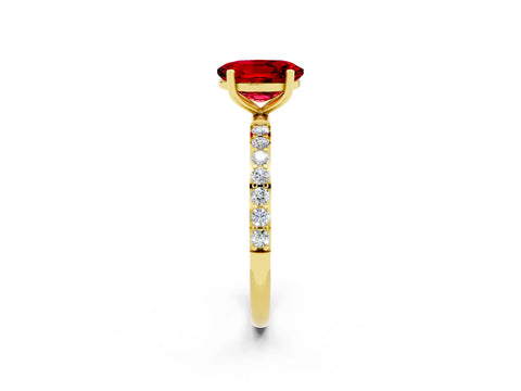 Yellow gold Oval Cut Ruby Solitaire Ring with Pave Band and Four Prong Setting_14