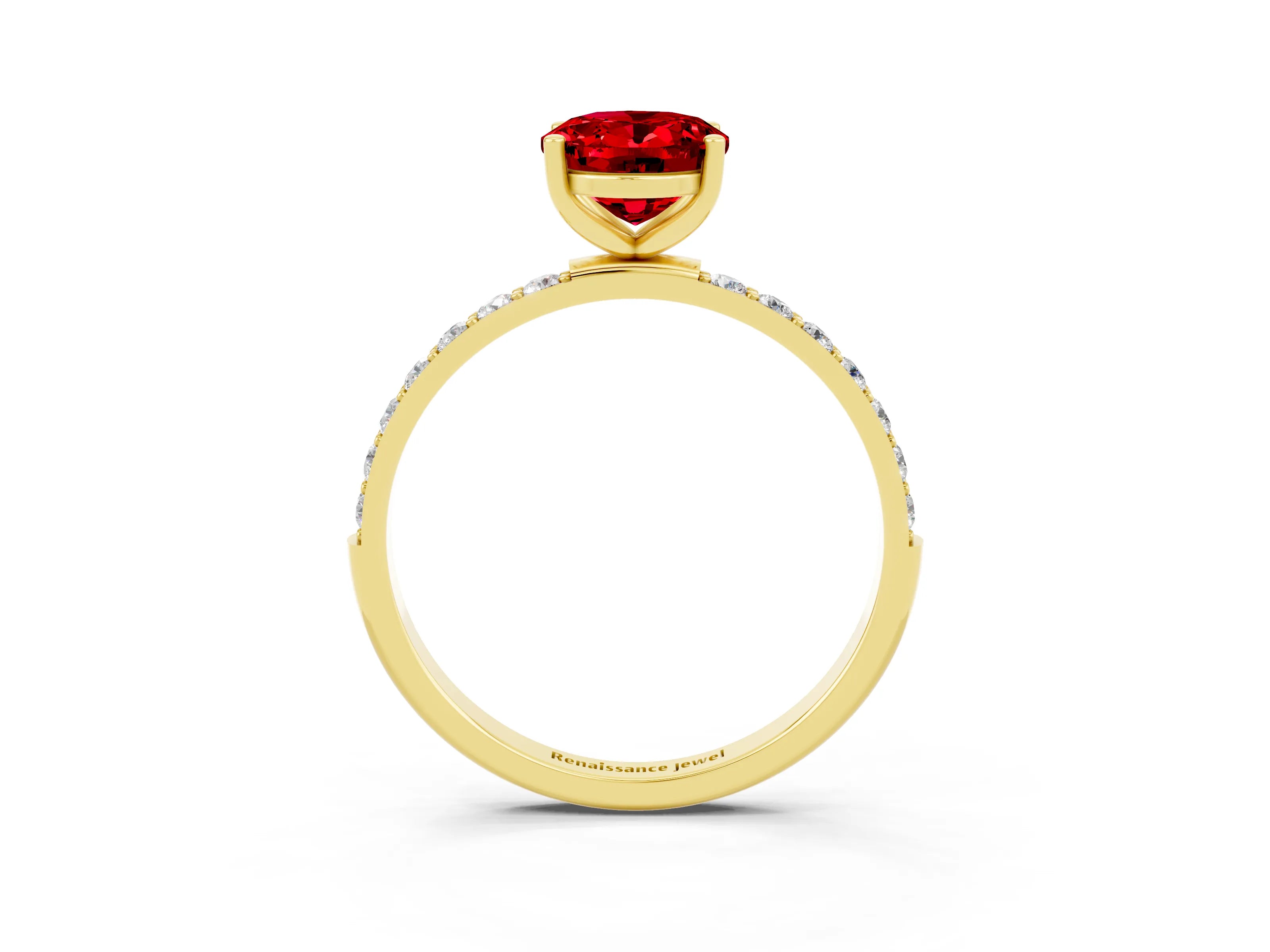 Yellow gold Oval Cut Ruby Solitaire Ring with Pave Band and Four Prong Setting_15