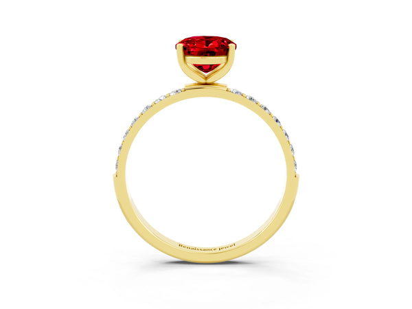 Yellow gold Oval Cut Ruby Solitaire Ring with Round  Pavé Band and Prong Setting