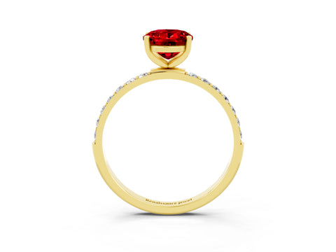 Yellow gold Oval Cut Ruby Solitaire Ring with Pave Band and Four Prong Setting_15