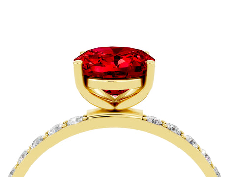 Yellow gold Oval Cut Ruby Solitaire Ring with Pave Band and Four Prong Setting_16