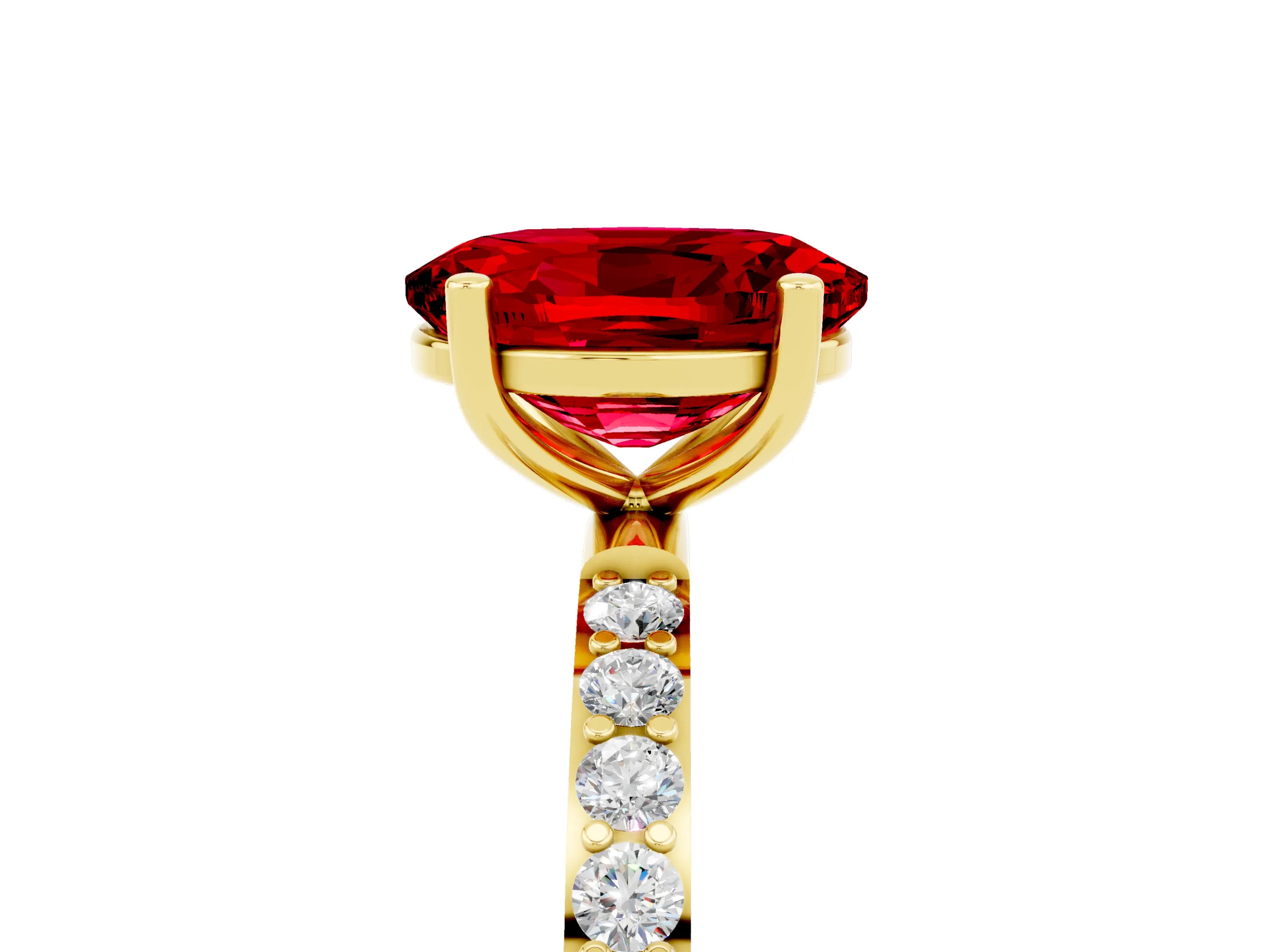 Yellow gold Oval Cut Ruby Solitaire Ring with Pave Band and Four Prong Setting_17