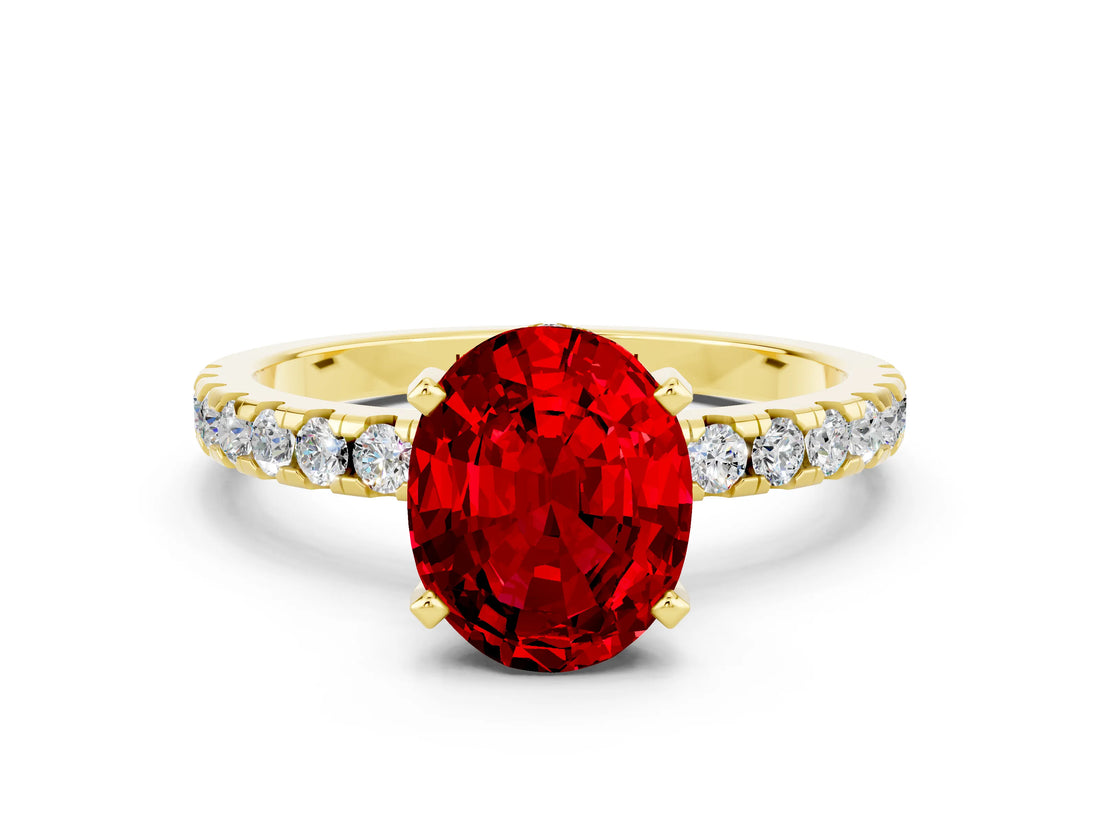 Yellow gold Oval Cut Ruby Solitaire Ring with Round  Pavé Band and Four-Prong Setting_36