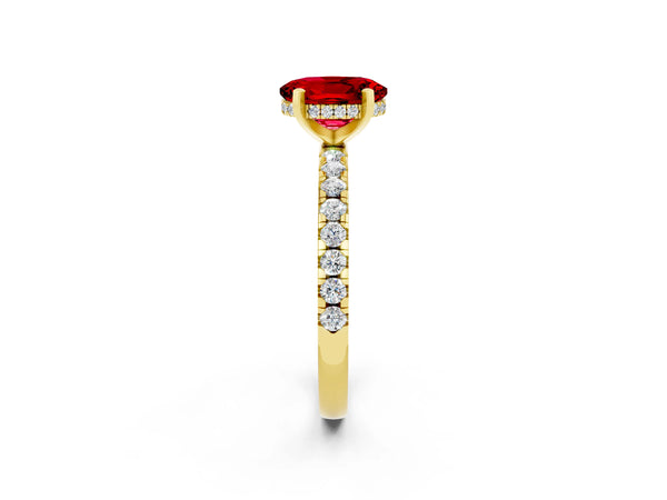 Yellow Gold Oval Lab-Grown Ruby Hidden Halo Engagement Ring with Pave Band