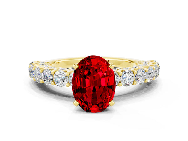 Yellow gold Oval Cut Ruby Solitaire Ring with Shared Prong Pavé Band and Four-Prong Setting