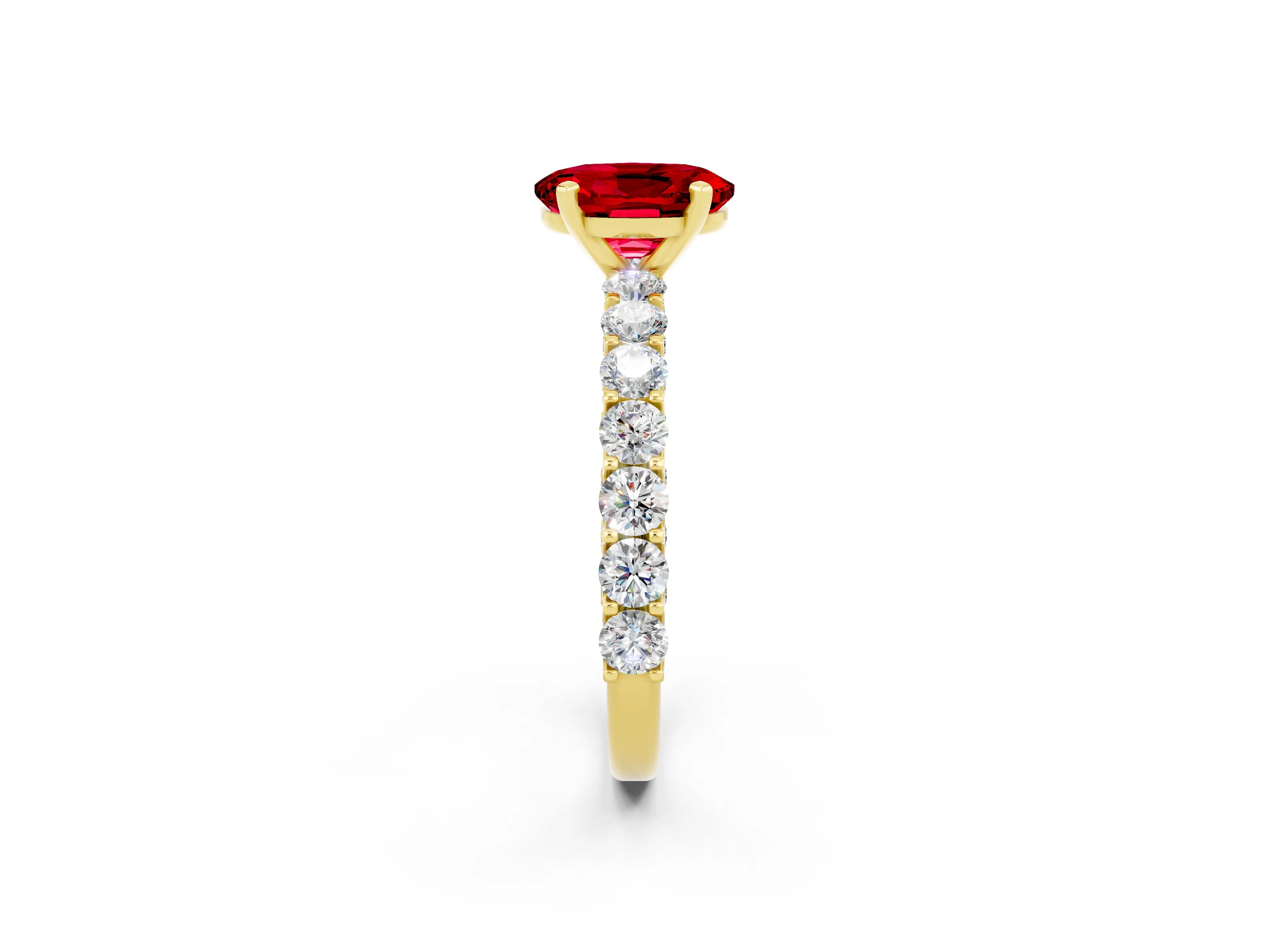 Yellow gold Oval Cut Ruby Solitaire Ring with Shared Prong Pavé Band and Four-Prong Setting_14