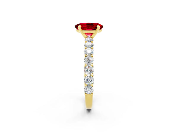 Yellow gold Oval Cut Ruby Solitaire Ring with Shared Prong Pavé Band and Four-Prong Setting