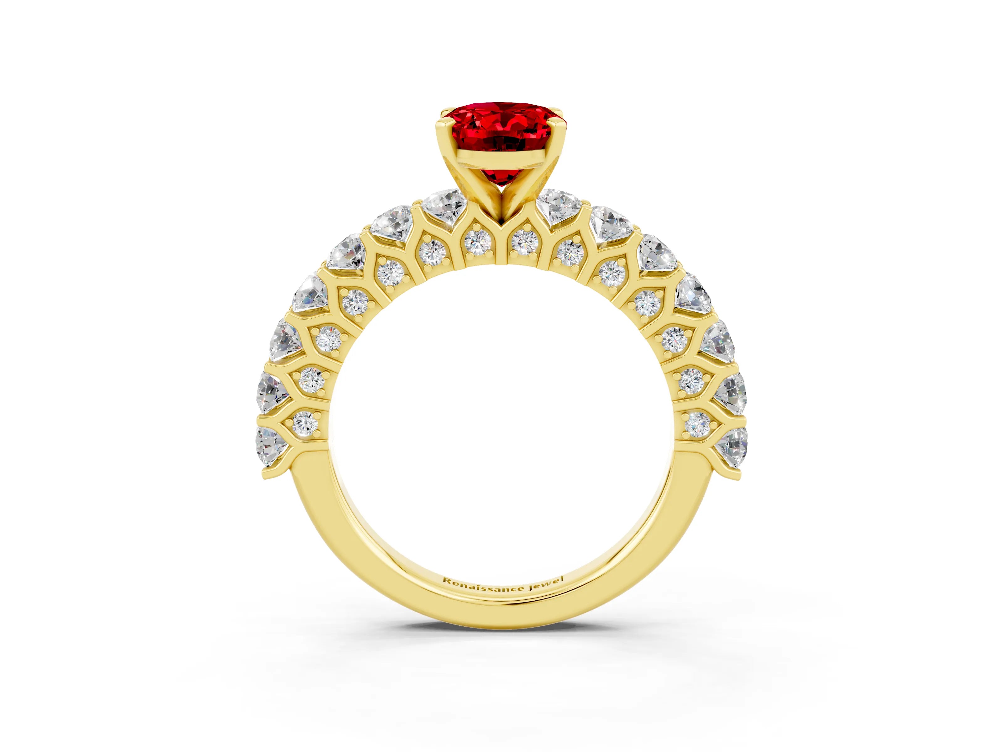 Yellow gold Oval Cut Ruby Solitaire Ring with Shared Prong Pavé Band and Four-Prong Setting_15