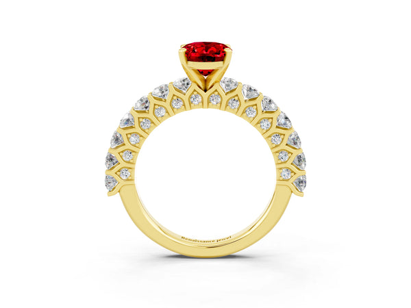 Yellow gold Oval Cut Ruby Solitaire Ring with Shared Prong Pavé Band and Four-Prong Setting