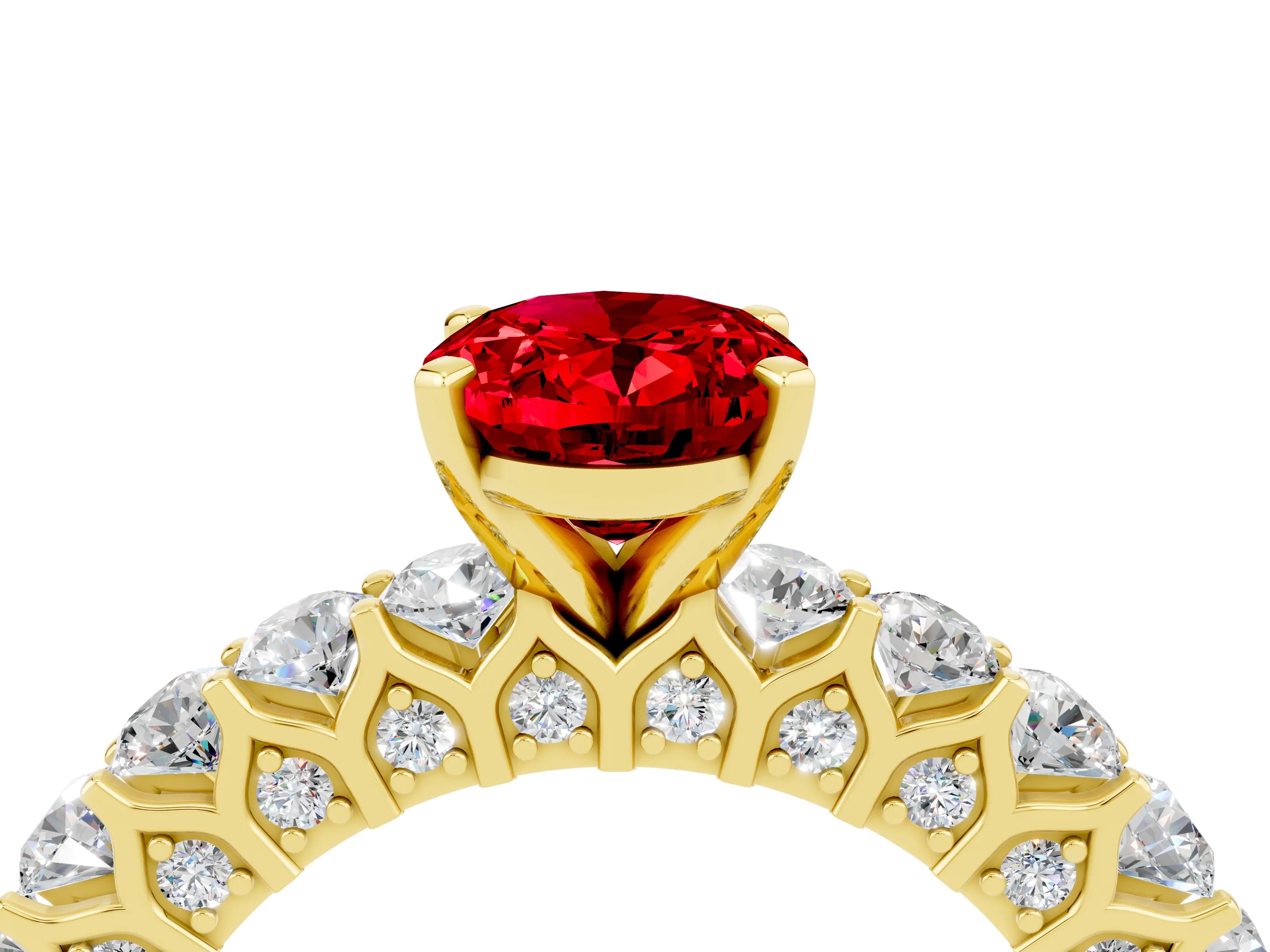 Yellow gold Oval Cut Ruby Solitaire Ring with Shared Prong Pavé Band and Four-Prong Setting_16