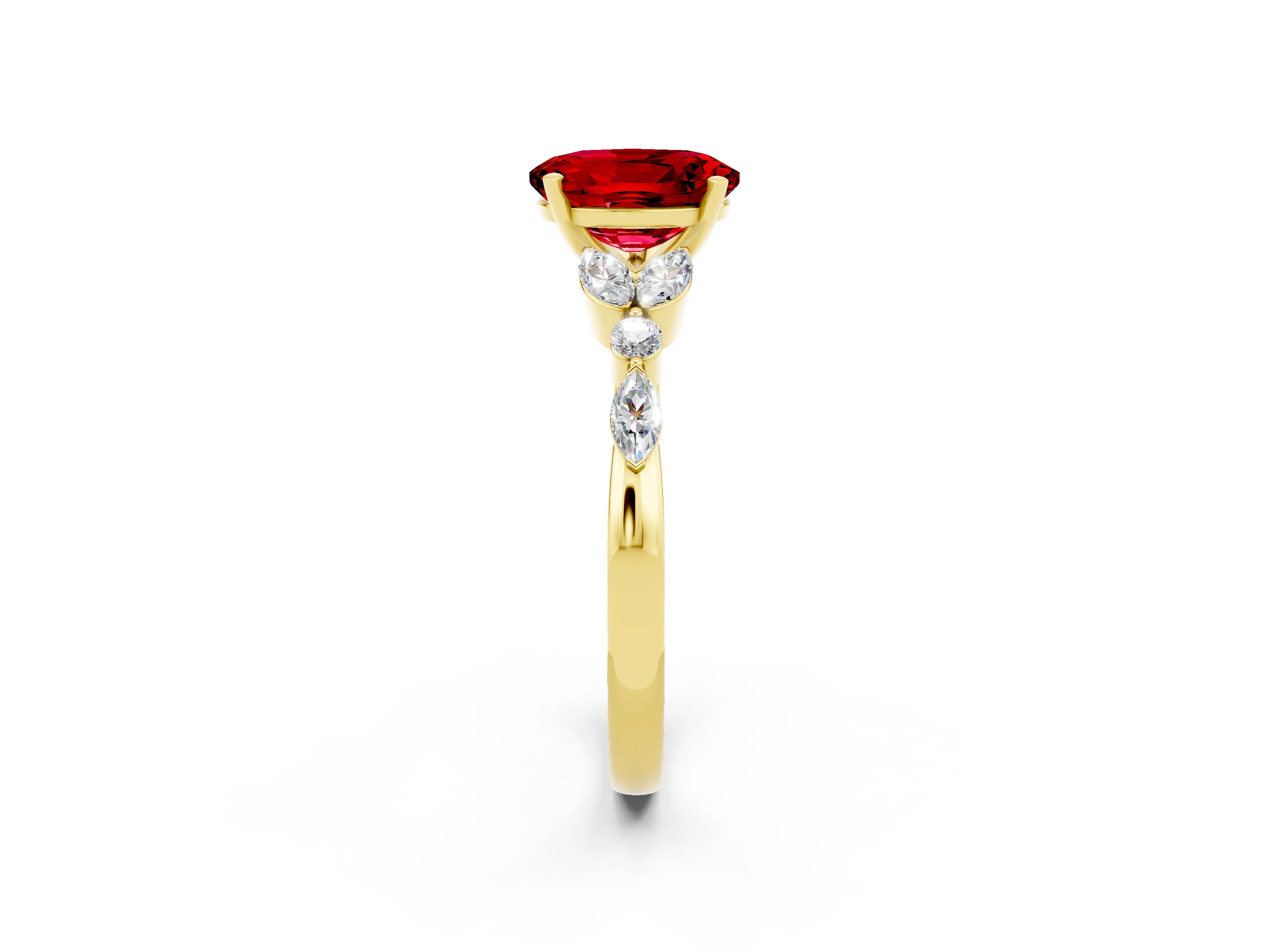 Yellow gold Oval Cut Ruby Solitaire Ring with Side Stones and Four-Prong Setting_14
