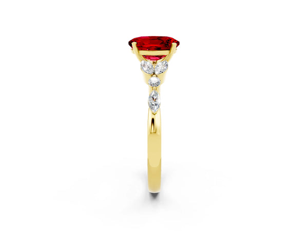 Yellow gold Oval Cut Ruby Solitaire Ring with Side Stones and Four-Prong Setting