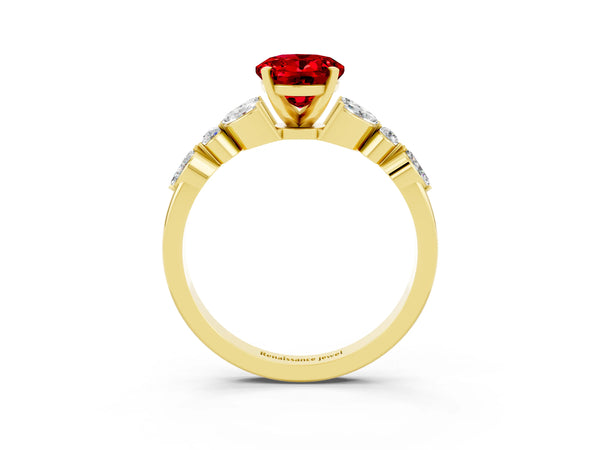 Yellow gold Oval Cut Ruby Solitaire Ring with Side Stones and Four-Prong Setting