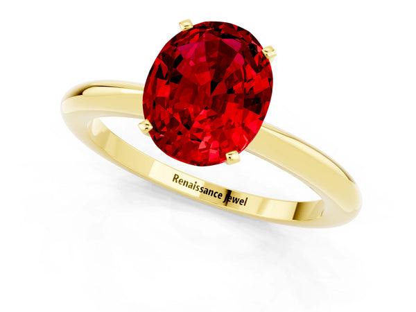 Yellow gold Oval Cut Ruby Solitaire Ring with Six-Prong Setting and Classic Band