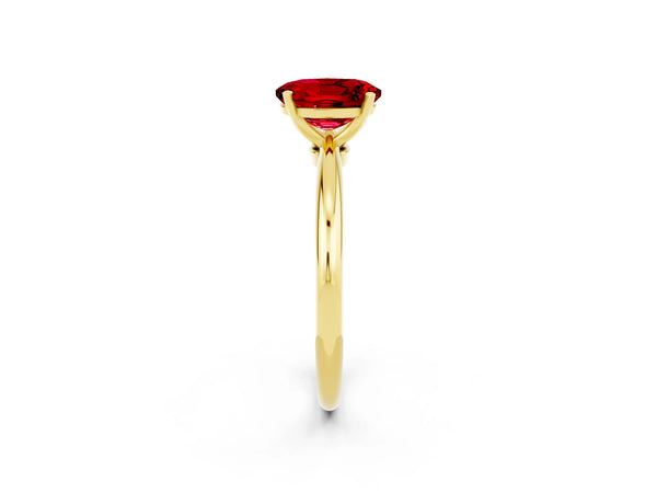 Yellow gold Oval Cut Ruby Solitaire Ring with Six-Prong Setting and Classic Band