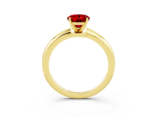 Yellow gold Oval Cut Ruby Solitaire Ring with Six-Prong Setting and Classic Band