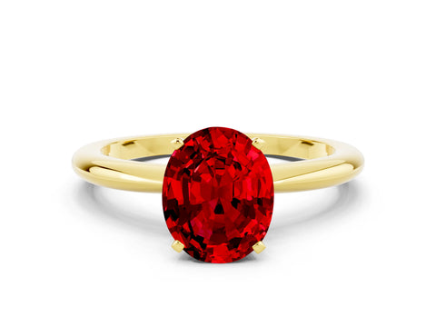 Yellow gold Oval Cut Ruby Solitaire Ring with Six-Prong Setting and Classic Band