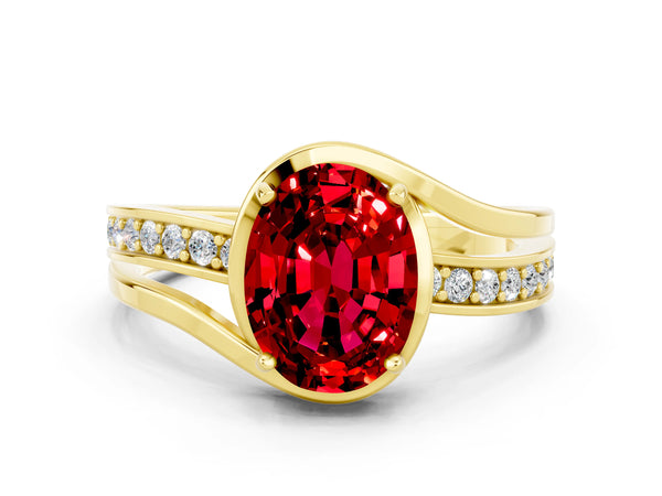 Yellow gold Oval Cut Ruby Solitaire Ring with Split Shank and Prong Setting