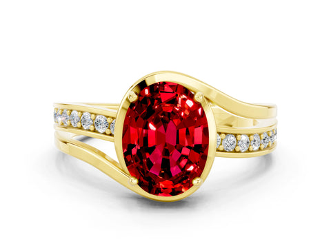 Yellow gold Oval Cut Ruby Solitaire Ring with Split Shank and Prong Setting