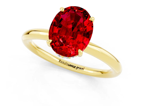 Yellow gold Oval Cut Ruby Solitaire Ring with Thin Band and Four-Prong Setting