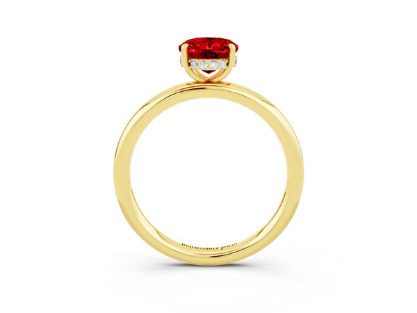 Yellow gold Oval Cut Ruby Solitaire Ring with Thin Band and Four-Prong Setting
