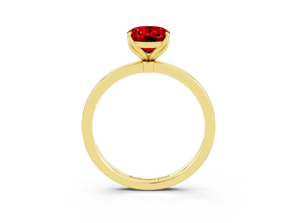Yellow gold Oval Cut Ruby Solitaire Ring with Thin Band and Prong Setting