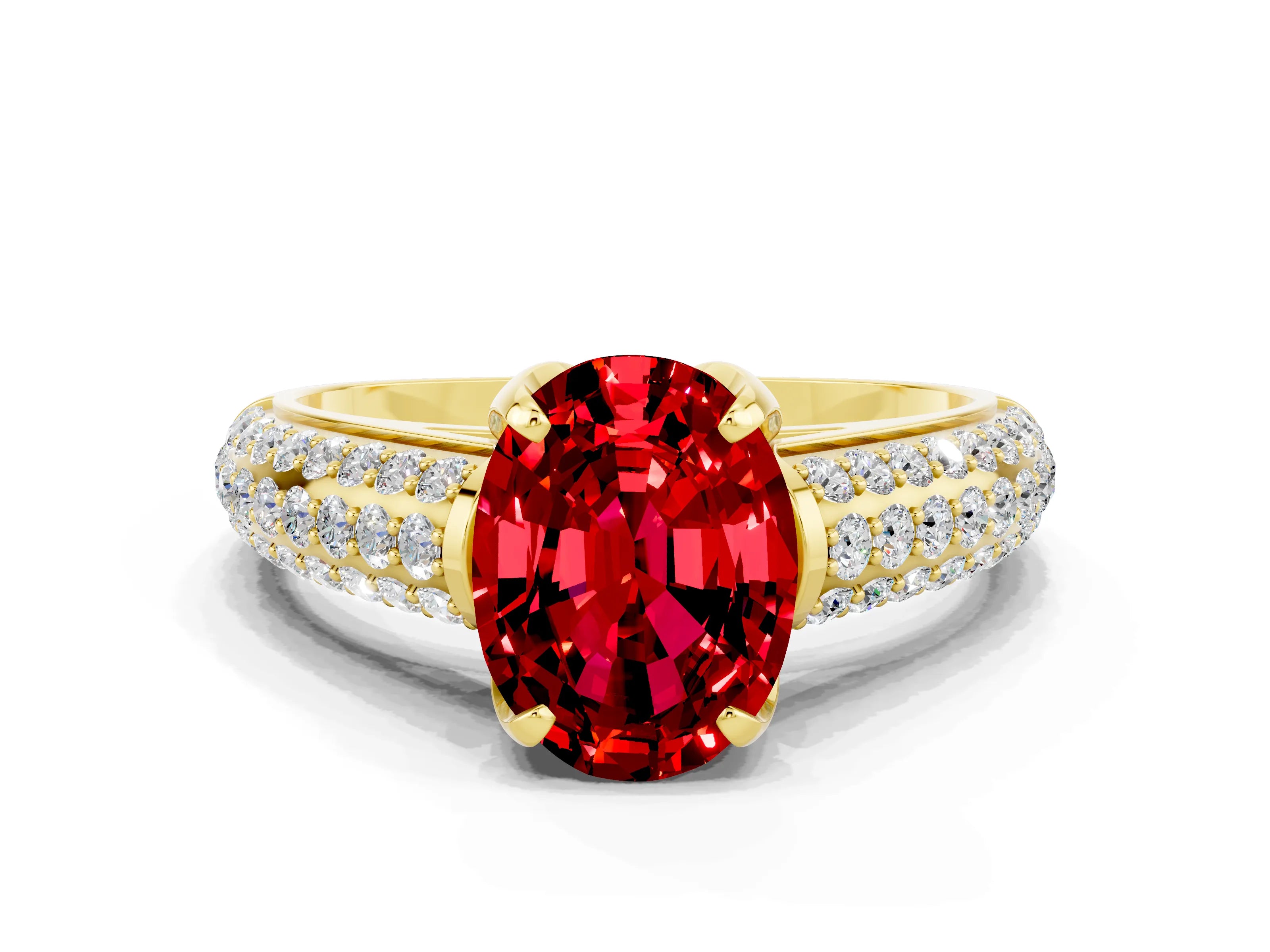 Yellow gold Oval Cut Ruby Solitaire Ring with Three-Row Pavé Band and Four-Prong Setting_12