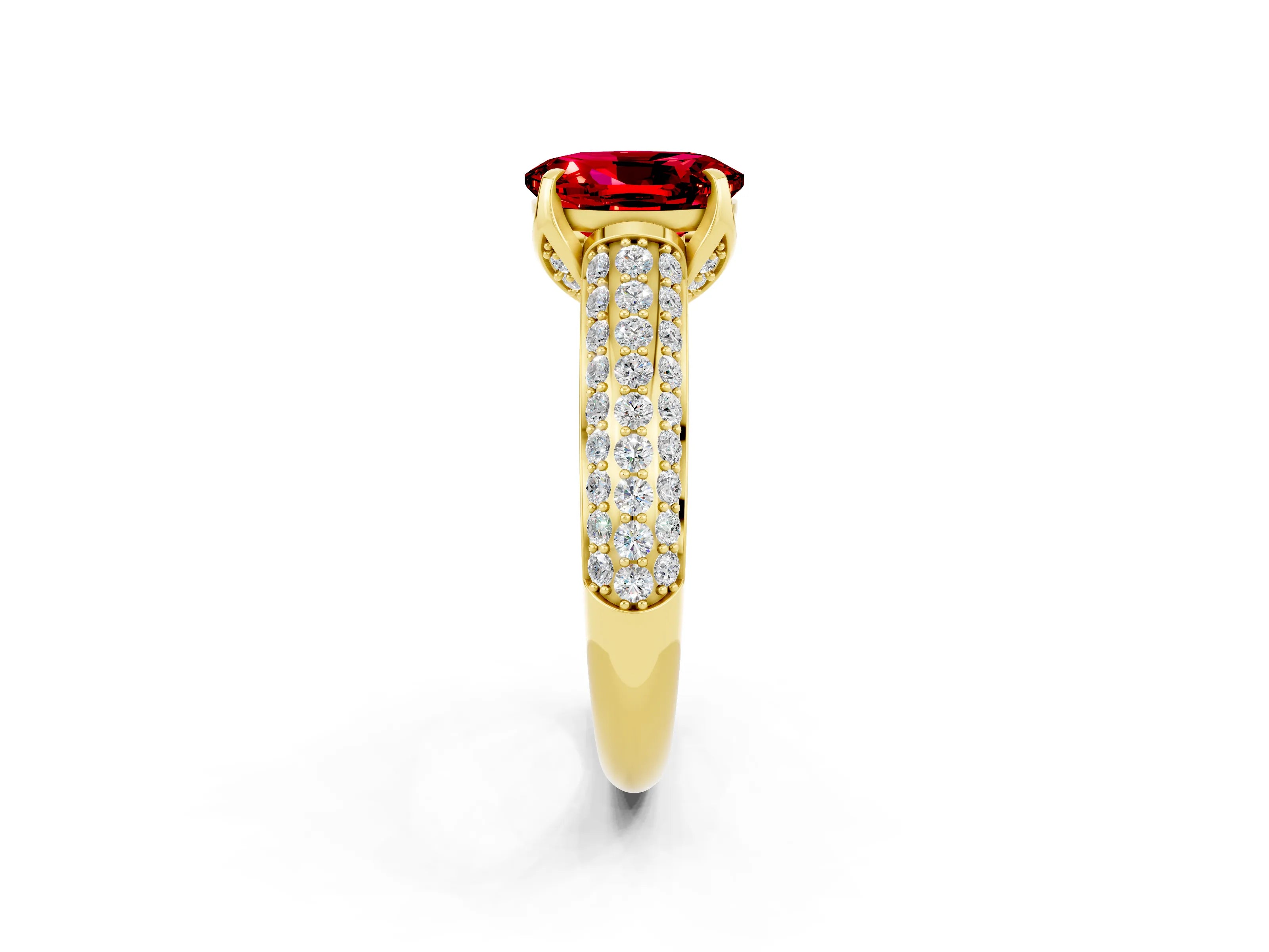 Yellow gold Oval Cut Ruby Solitaire Ring with Three-Row Pavé Band and Four-Prong Setting_14