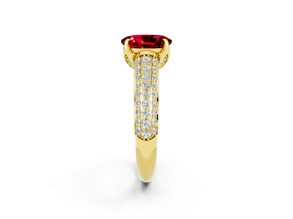 Yellow gold Oval Cut Ruby Solitaire Ring with Three-Row Pavé Band and Four-Prong Setting
