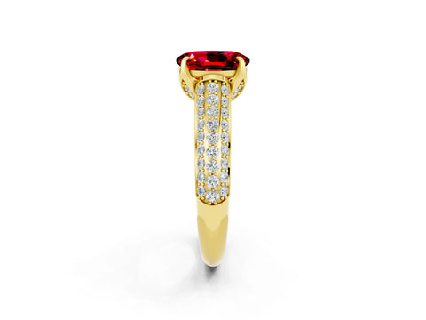 Yellow gold Oval Cut Ruby Solitaire Ring with Three-Row Pavé Band and Four-Prong Setting_14