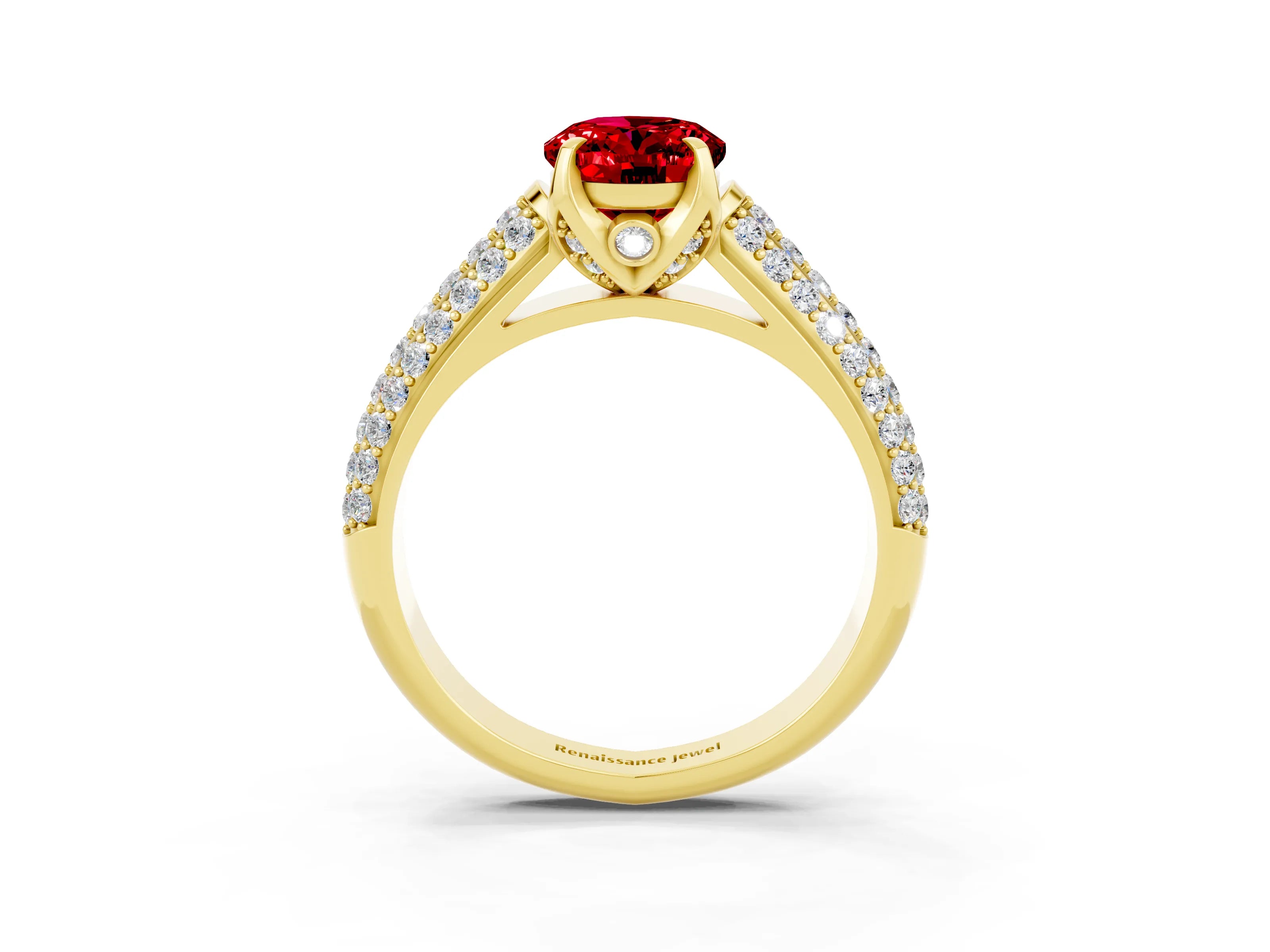 Yellow gold Oval Cut Ruby Solitaire Ring with Three-Row Pavé Band and Four-Prong Setting_15