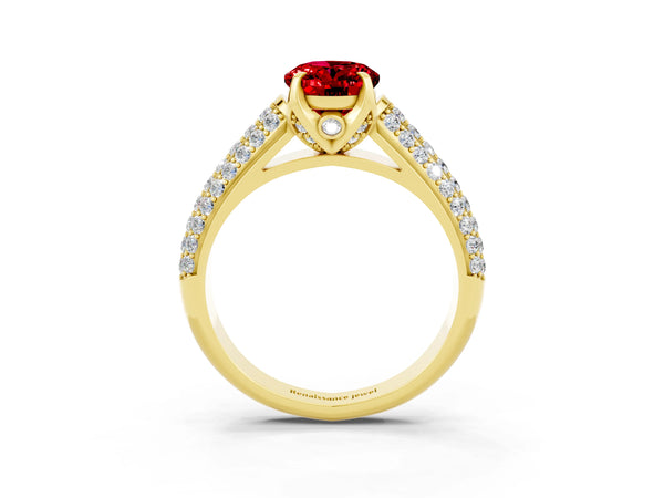 Yellow gold Oval Cut Ruby Solitaire Ring with Three-Row Pavé Band and Four-Prong Setting