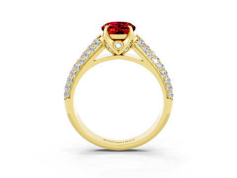 Yellow gold Oval Cut Ruby Solitaire Ring with Three-Row Pavé Band and Four-Prong Setting_15