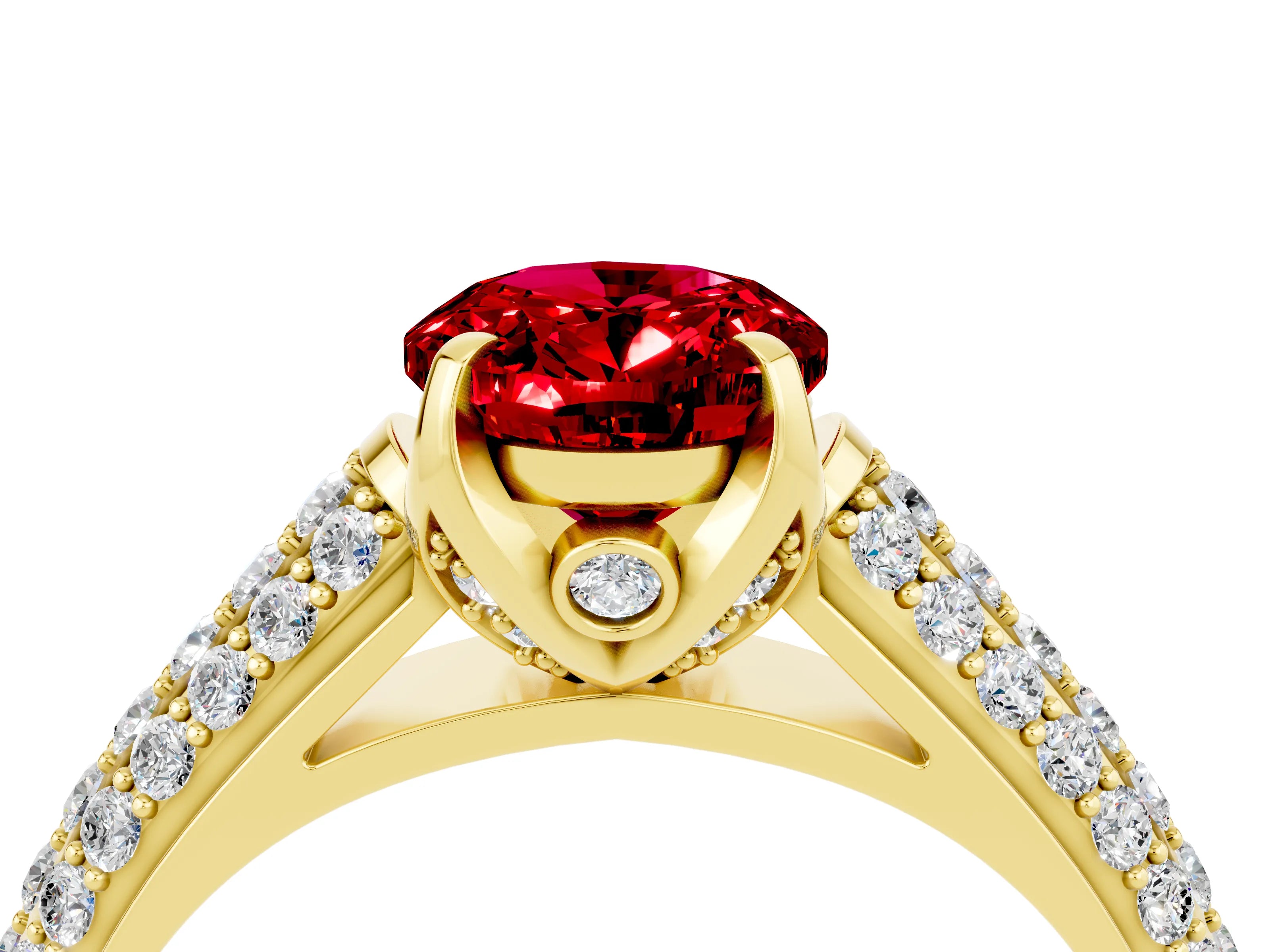 Yellow gold Oval Cut Ruby Solitaire Ring with Three-Row Pavé Band and Four-Prong Setting_16