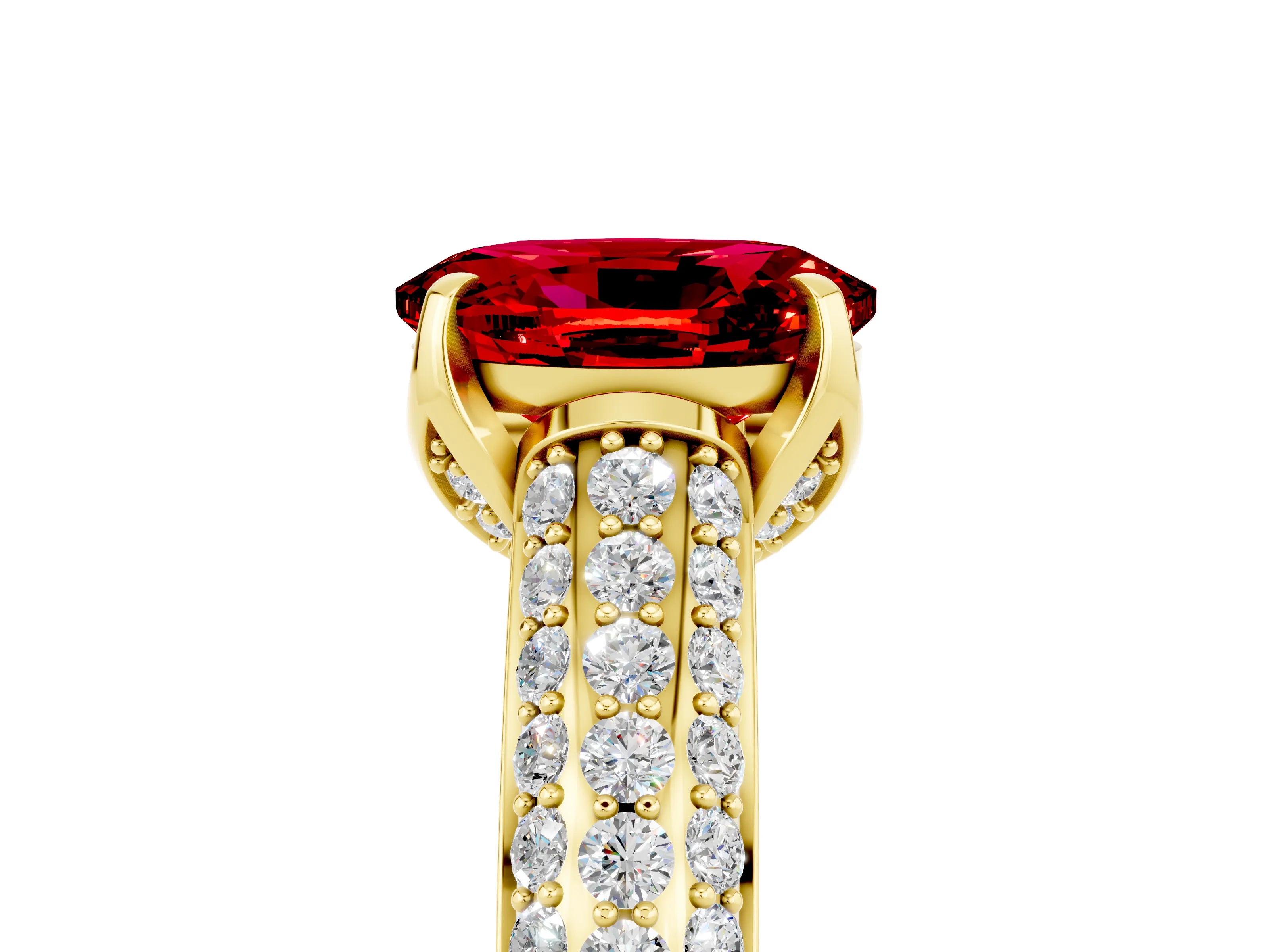 Yellow gold Oval Cut Ruby Solitaire Ring with Three-Row Pavé Band and Four-Prong Setting_17