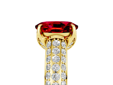 Yellow gold Oval Cut Ruby Solitaire Ring with Three-Row Pavé Band and Four-Prong Setting_17