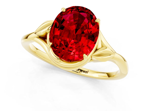 Yellow gold Oval Cut Ruby Solitaire Ring with Twist Band and Four-Prong Setting