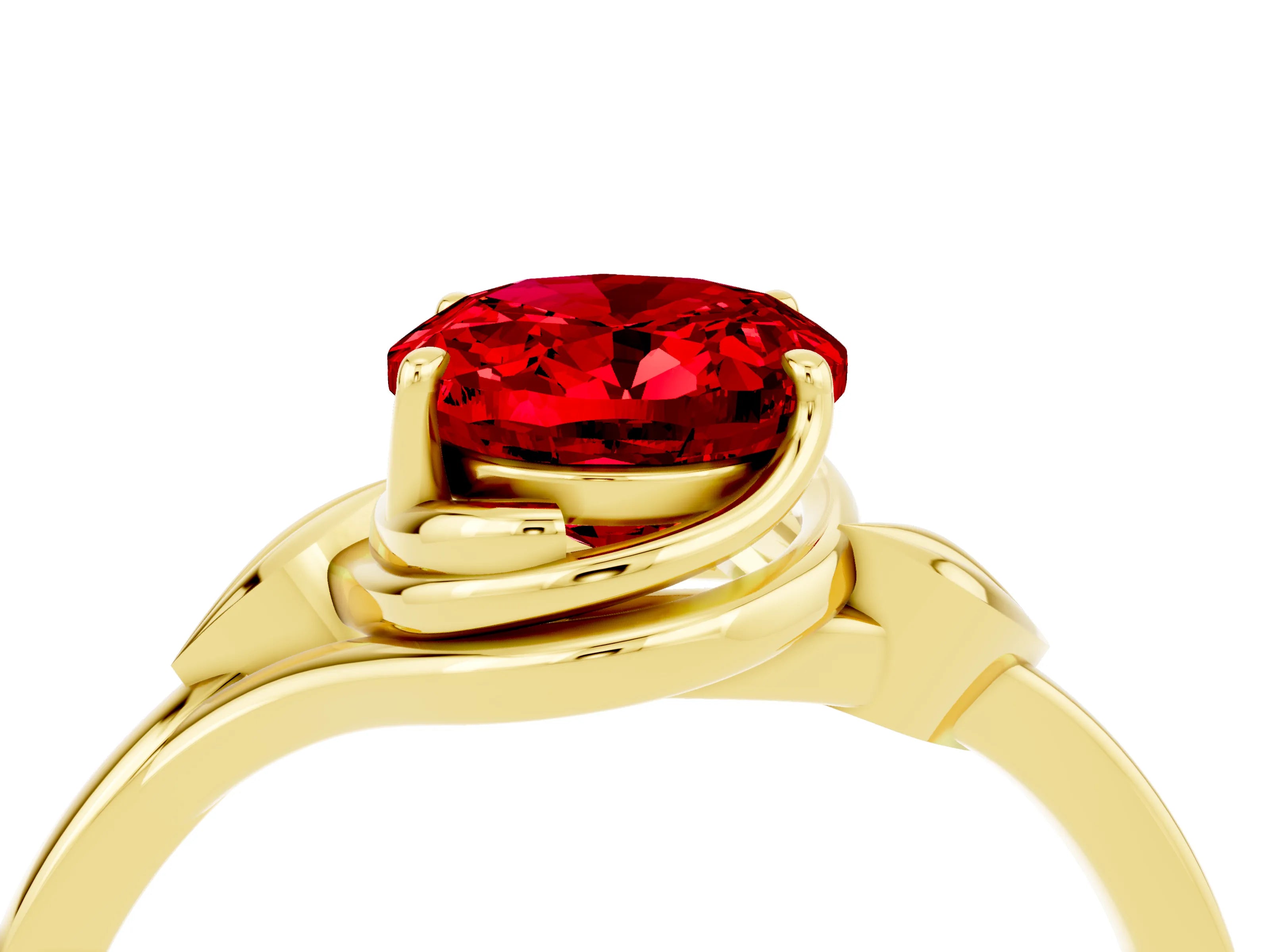 Yellow gold Oval Cut Ruby Solitaire Ring with Twist Band and Four-Prong Setting_28