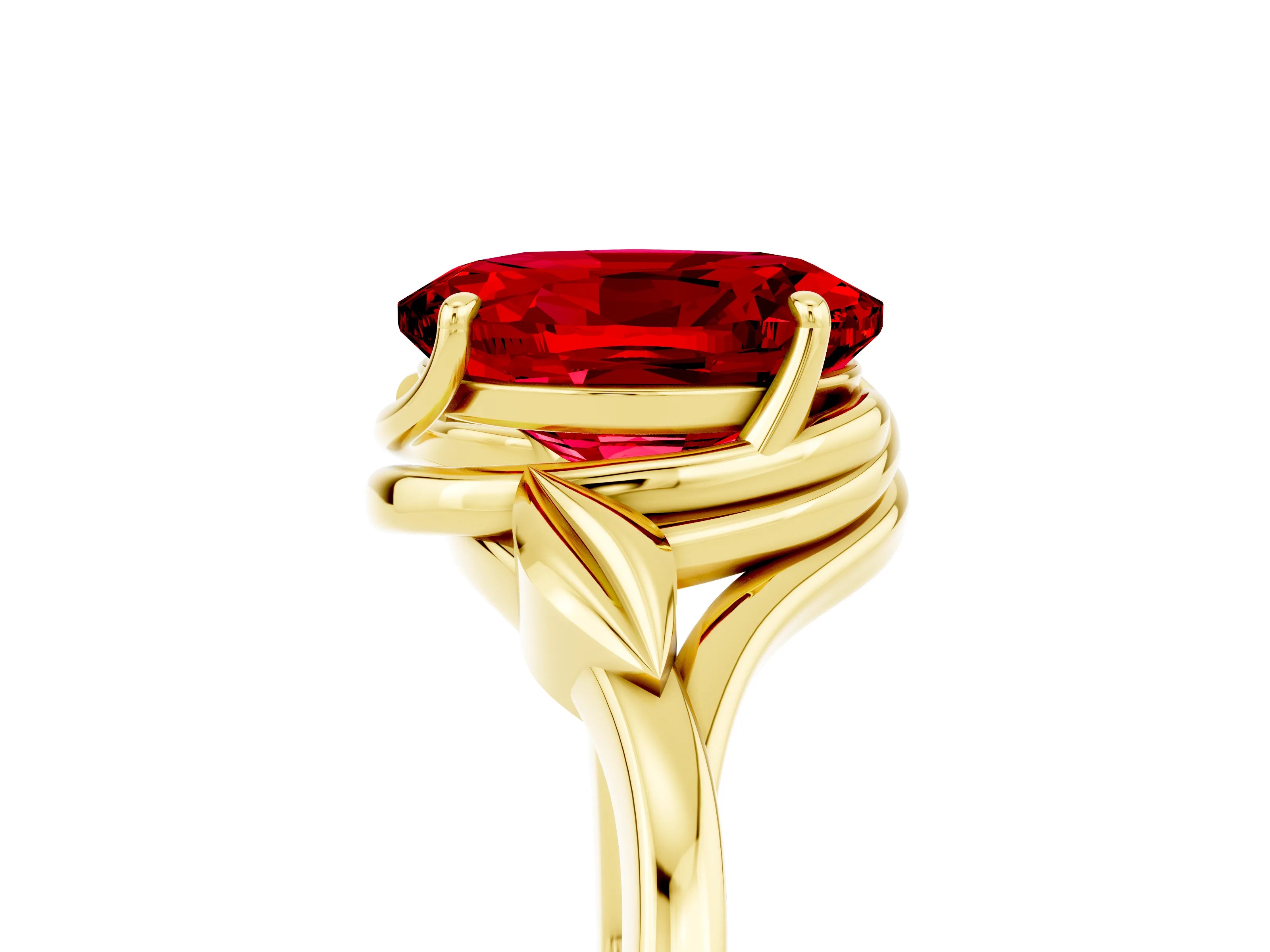 Yellow gold Oval Cut Ruby Solitaire Ring with Twist Band and Four-Prong Setting_29