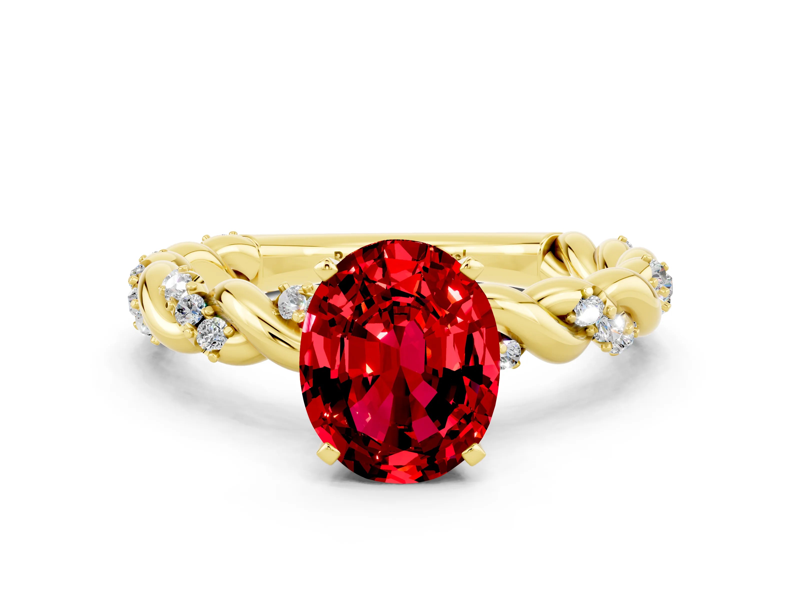 Yellow gold Oval Cut Ruby Solitaire Ring with Twisted Band and Pavé Accents