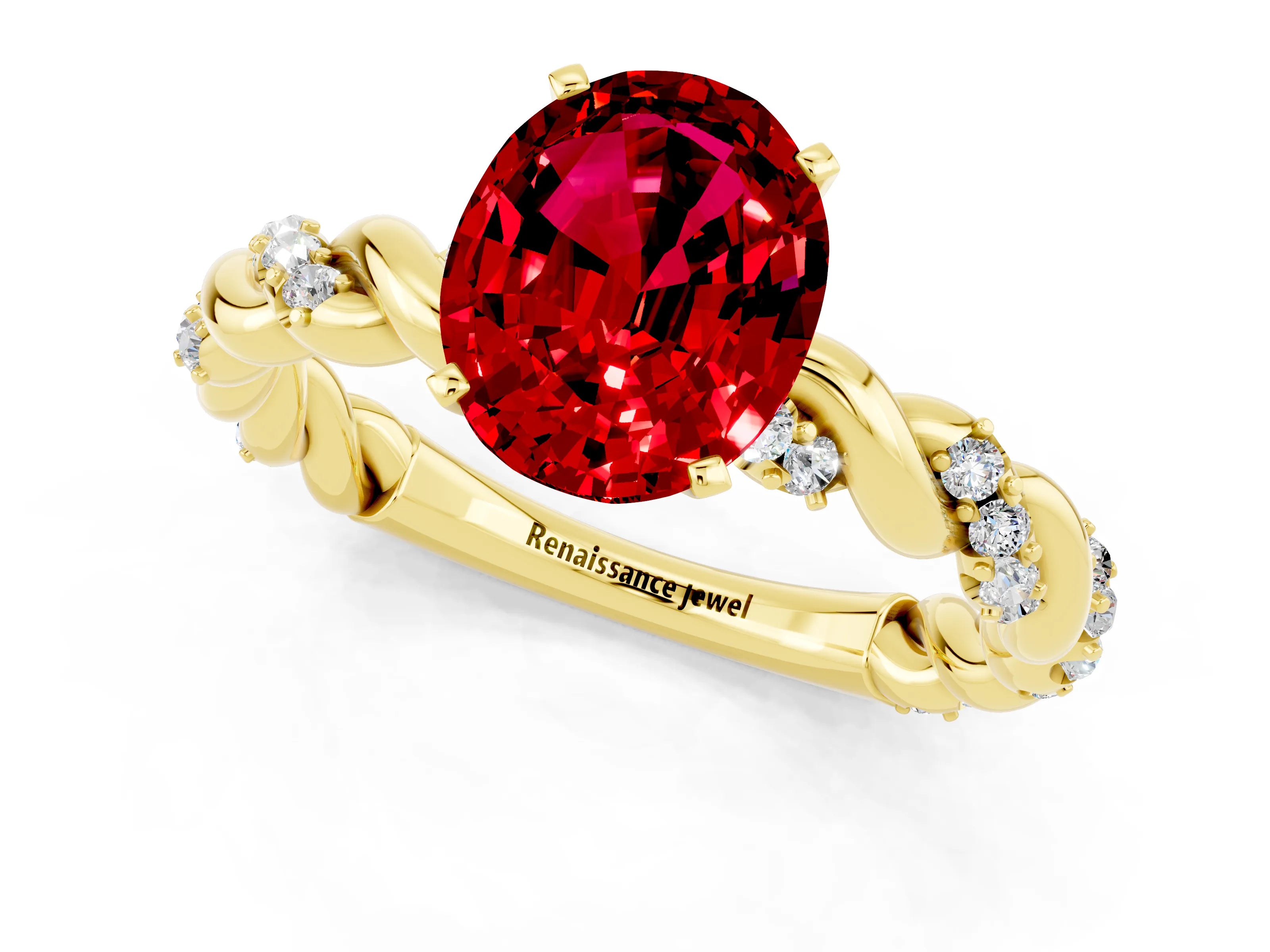 Yellow gold Oval Cut Ruby Solitaire Ring with Twisted Band and Pavé Accents_1