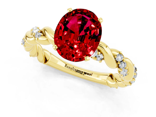 Yellow gold Oval Cut Ruby Solitaire Ring with Twisted Band and Pavé Accents