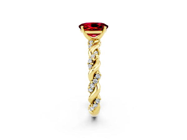 Yellow gold Oval Cut Ruby Solitaire Ring with Twisted Band and Pavé Accents