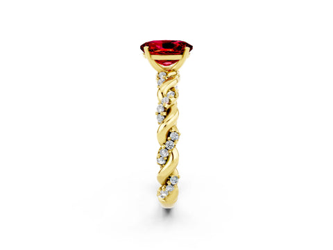 Yellow gold Oval Cut Ruby Solitaire Ring with Twisted Band and Pavé Accents_2