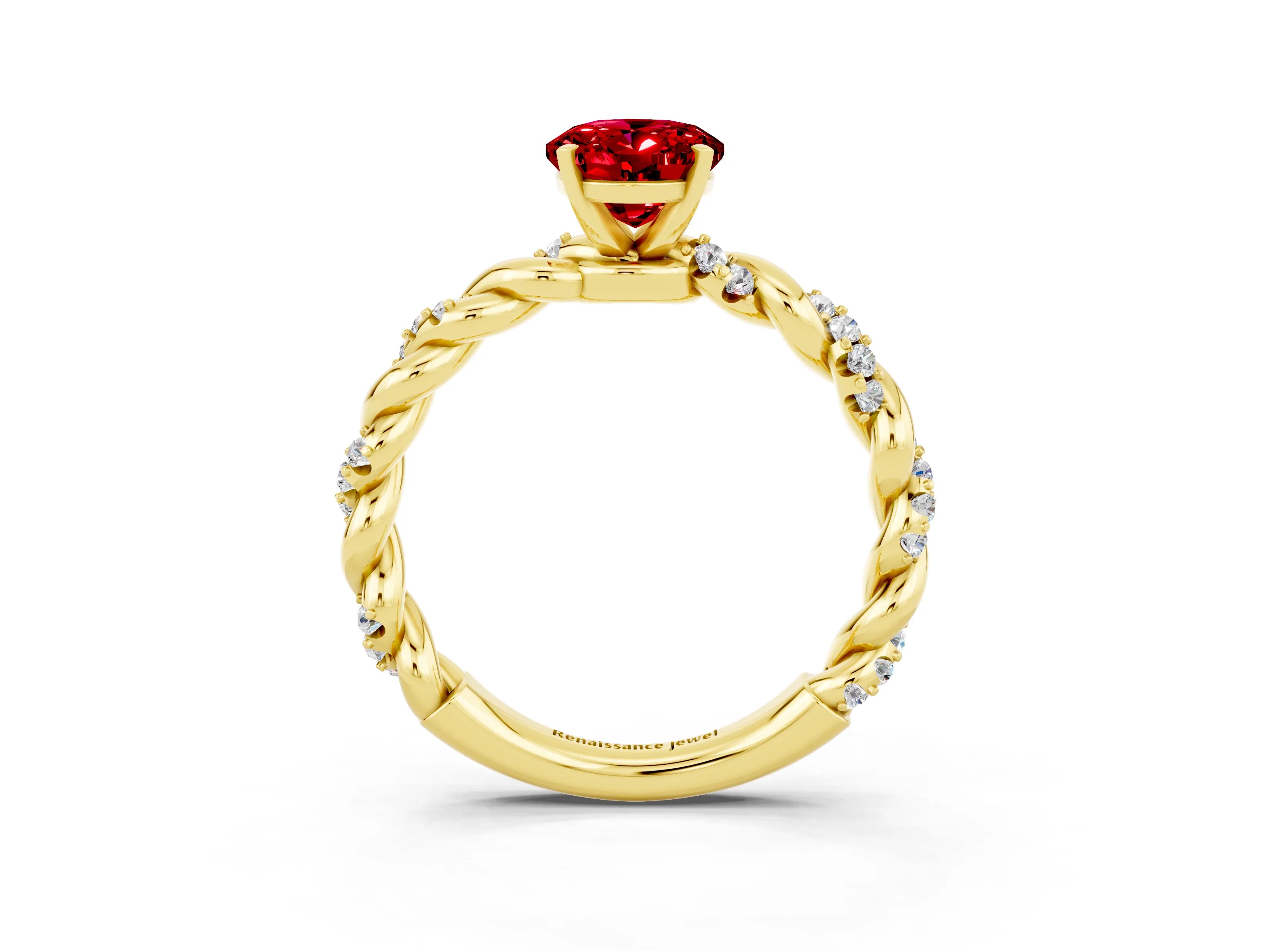 Yellow gold Oval Cut Ruby Solitaire Ring with Twisted Band and Pavé Accents_3